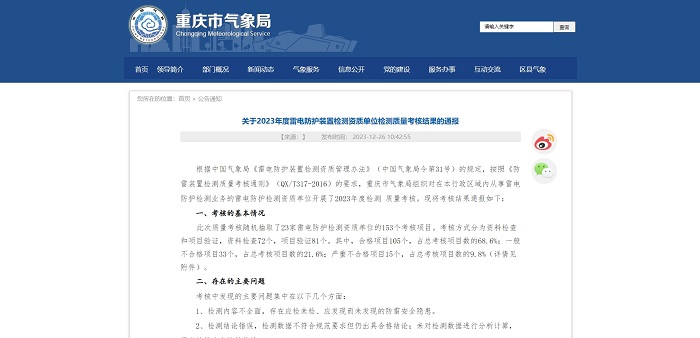 關于2023年度雷電防護裝置檢測資質單位檢測質量考核結果的通報